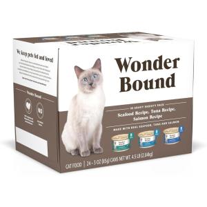 imageAmazon Brand  Wonder Bound Canned Wet Cat Food Salmon Recipe in Gravy No Artificial Flavors Adult Recipe 3 Ounce Pack of 24Variety Pack Seafood  Tuna  Salmon