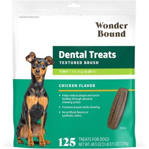 imageAmazon Brand  Wonder Bound Dog Dental Treats for Tiny Dogs 515 lbs Real Chicken Flavor Nubbed Texture for Plaque ampamp Tartar Control Freshens Breath While Chewing 125 Count Pack of 1303 Pound Pack of 1