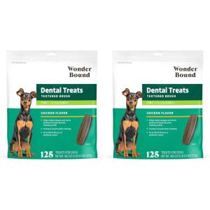 imageAmazon Brand  Wonder Bound Dog Dental Treats for Tiny Dogs 515 lbs Real Chicken Flavor Nubbed Texture for Plaque ampamp Tartar Control Freshens Breath While Chewing 125 Count Pack of 1125 Count Pack of 2